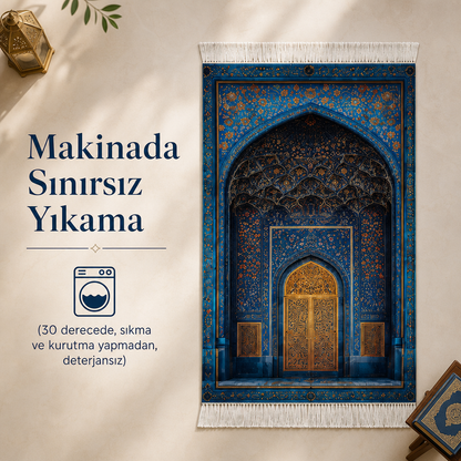 Çini Mihrab Mavi 3D Seccade | Dijital Baskılı Lüks Namaz Halısı