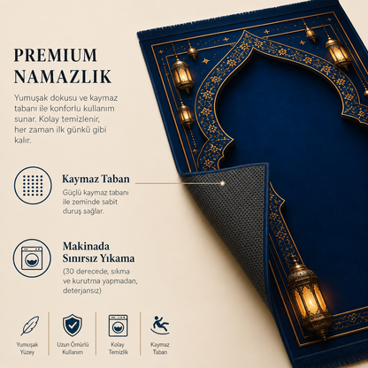 Kandil Mihrab Lacivert Seccade | Lüks Kadife Namaz Halısı