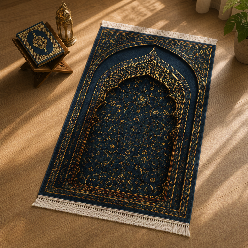 Hatai Mihrab Lacivert Seccade | Lüks Kadife Namaz Halısı