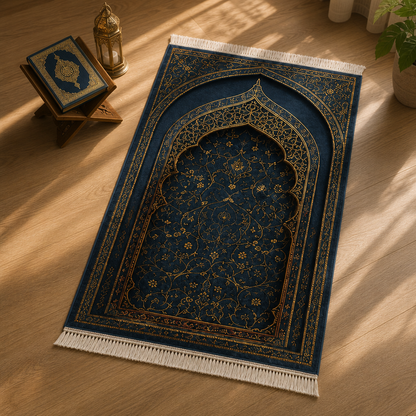 Hatai Mihrab Lacivert Seccade | Lüks Kadife Namaz Halısı