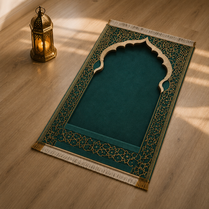Girih Mihrab Yeşil Seccade | Lüks Kadife Namaz Halısı