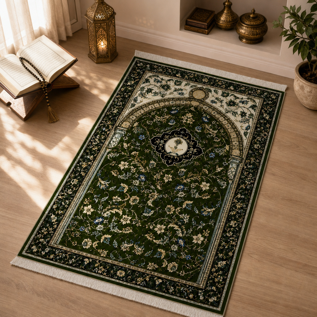 Yeşil Sarmaşık Mihrab Seccade | Dijital Baskılı Klasik Namaz Halısı