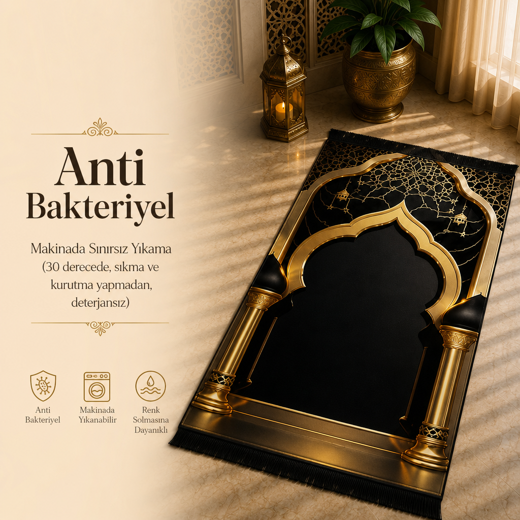 Altın Sütun Mihrab Siyah Seccade | Lüks Kadife Namaz Halısı