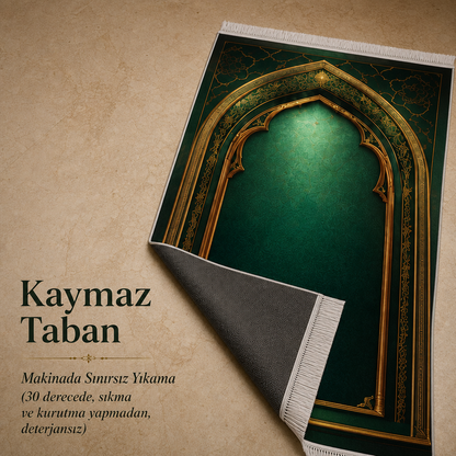 Zümrüt Kemer Mihrab Yeşil Seccade | Lüks Kadife Namaz Halısı