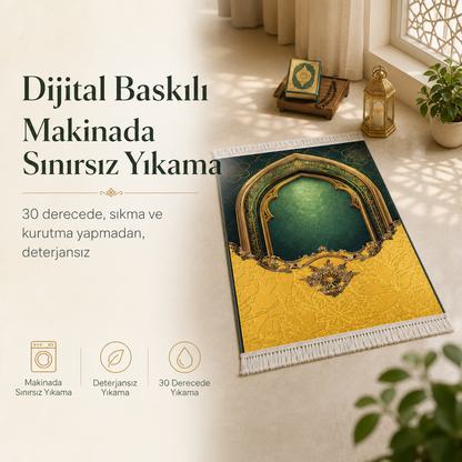 Amber Mihrab Yeşil Sarı Seccade | Lüks Kadife Namaz Halısı