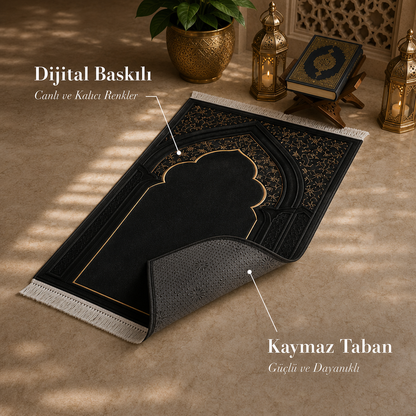 Onyx Mihrab Siyah Seccade | Lüks Kadife Namaz Halısı