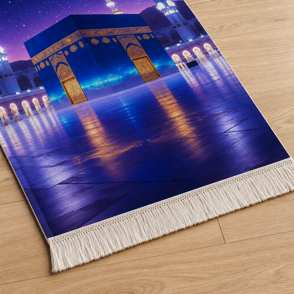 Yıldızlı Kâbe Manzaralı 3D Seccade | Dijital Baskılı Namaz Halısı