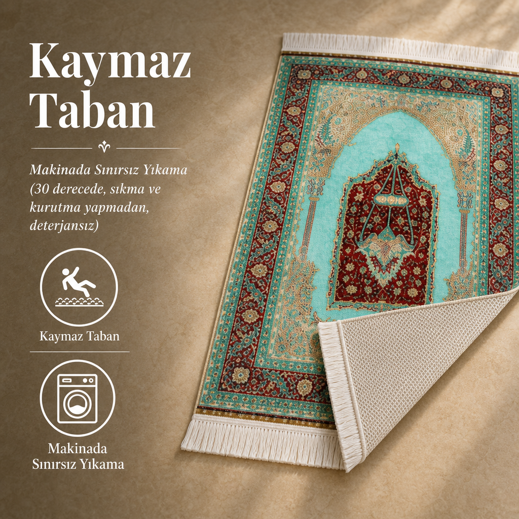 Mercan Mihrab Turkuaz Seccade | Dijital Baskılı Klasik Namaz Halısı