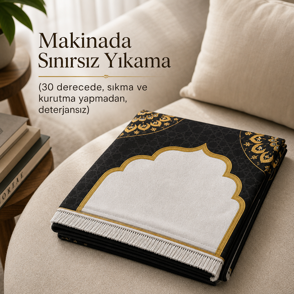 İnci Mihrab Siyah Seccade | Lüks Kadife Namaz Halısı