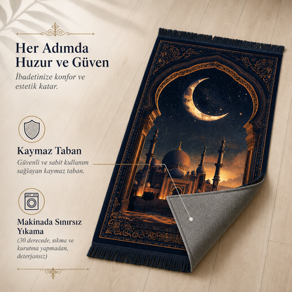 Hilal Cami Manzaralı 3D Seccade | Dijital Baskılı Namaz Halısı