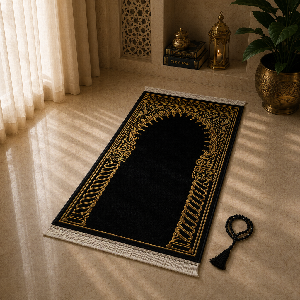 Burma Sütun Mihrab Siyah Seccade | Lüks Kadife Namaz Halısı