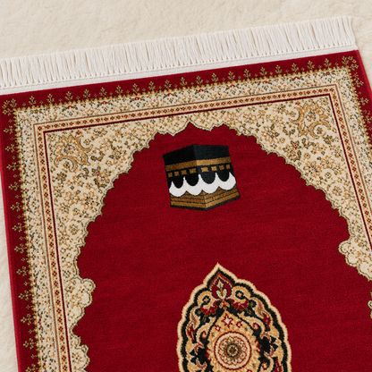 Kâbe Motifli Kırmızı Seccade | Dijital Baskılı Klasik Namaz Halısı