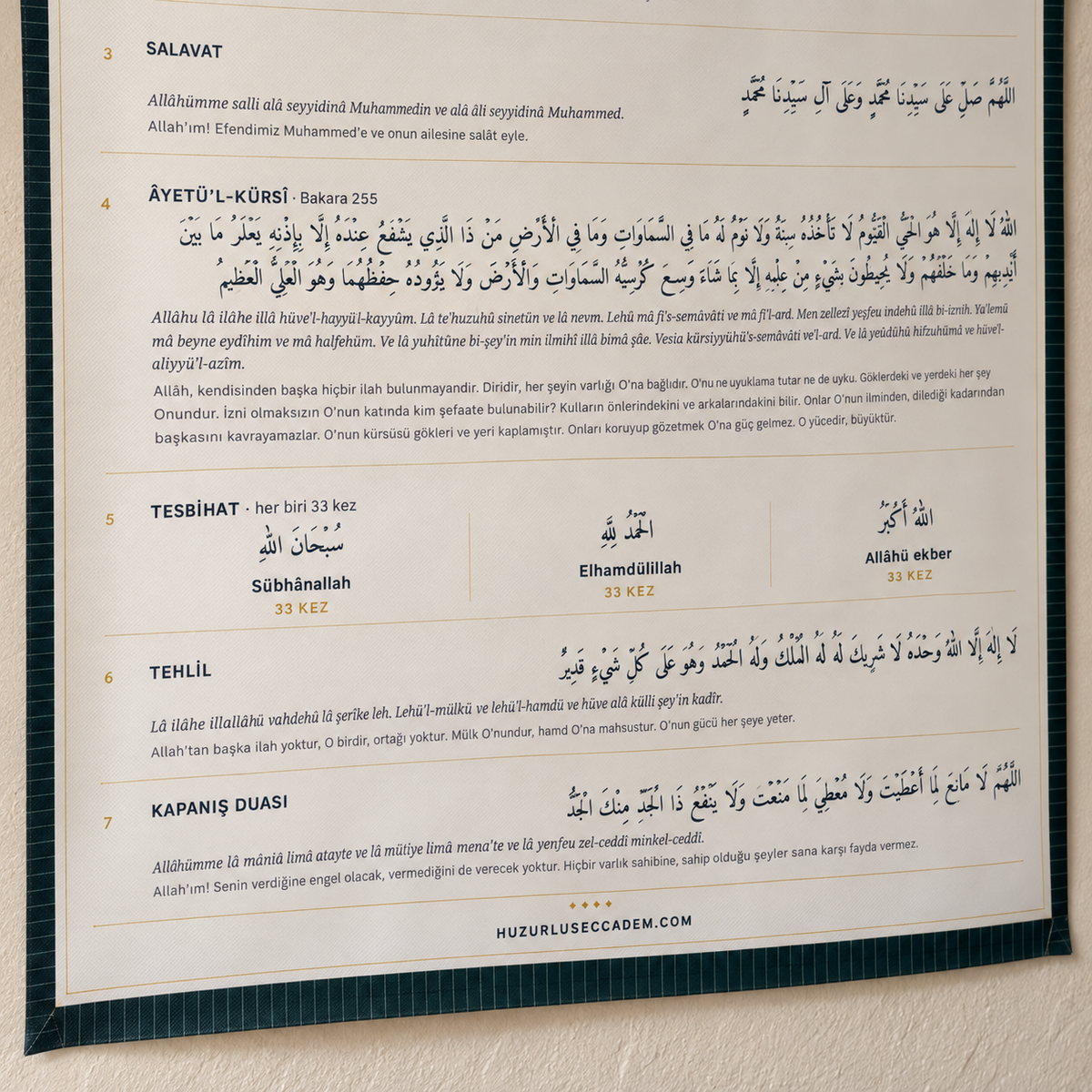 Namaz Sonrası Dua ve Tesbihat Panosu