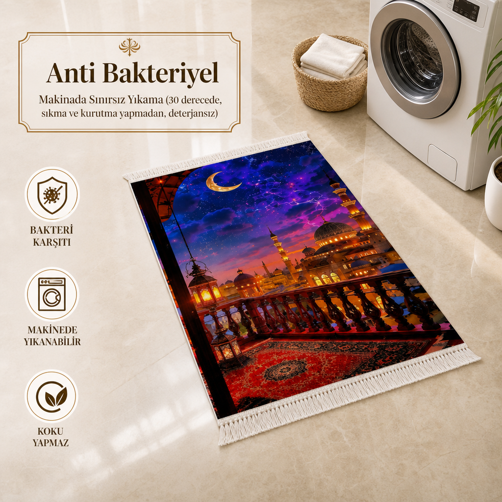 Şafak Cami Manzaralı 3D Seccade | Dijital Baskılı Namaz Halısı