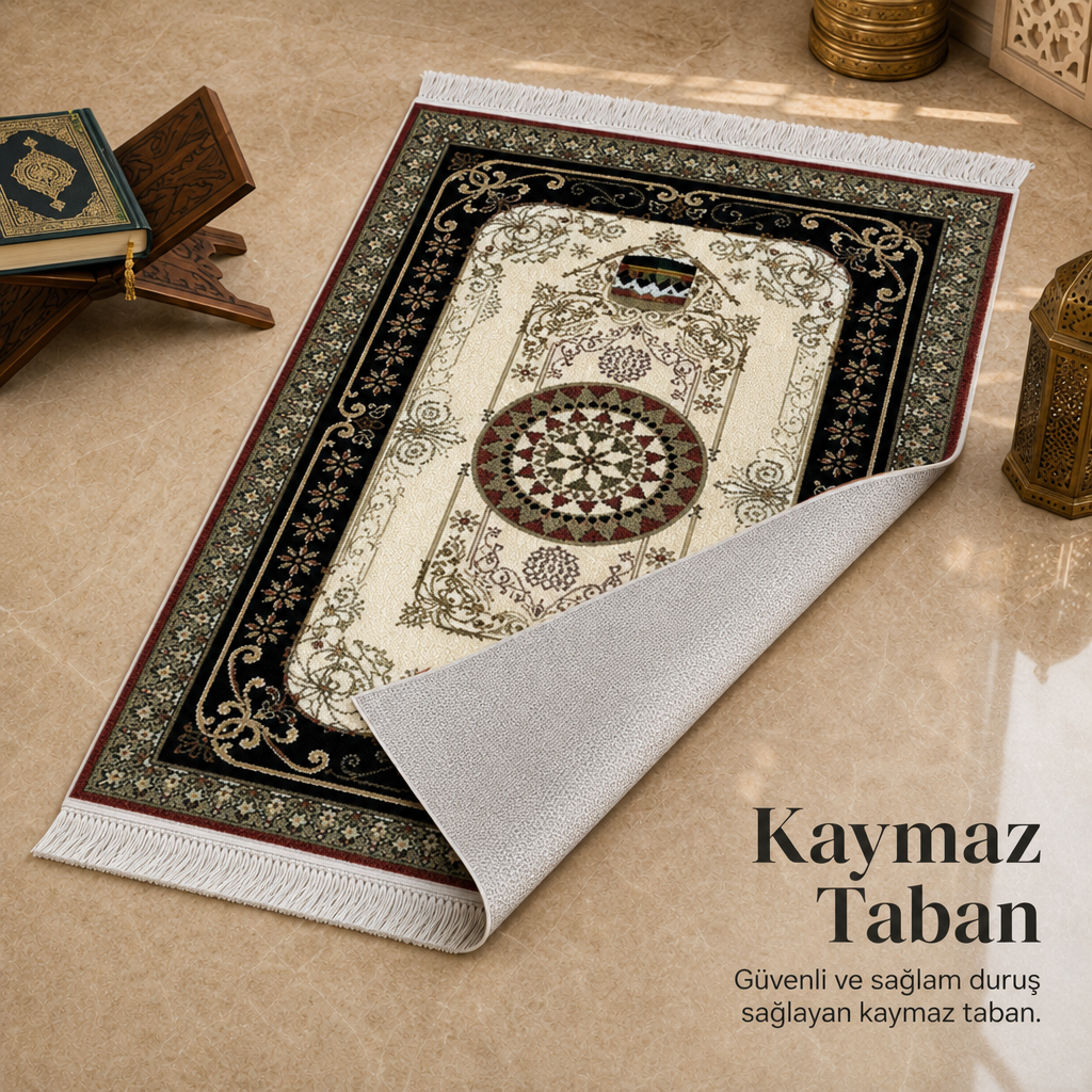 Kâbe Motifli Saray Krem Seccade | Dijital Baskılı Klasik Namaz Halısı