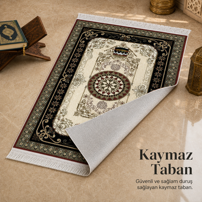 Kâbe Motifli Saray Krem Seccade | Dijital Baskılı Klasik Namaz Halısı