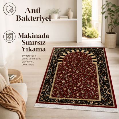 Bordo Çayır Mihrab Seccade | Dijital Baskılı Klasik Namaz Halısı