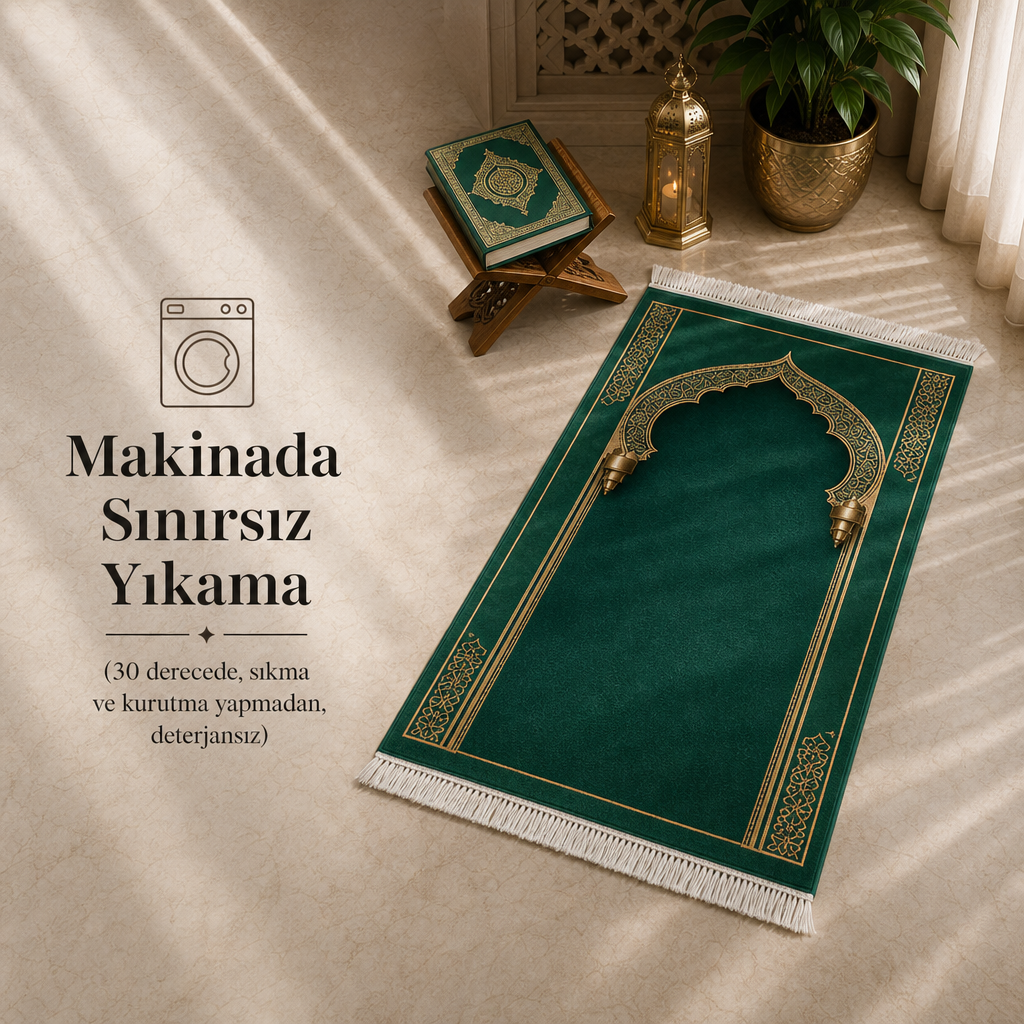Zümrüt Mihrab Yeşil Seccade | Lüks Kadife Namaz Halısı