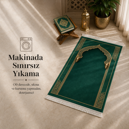Zümrüt Mihrab Yeşil Seccade | Lüks Kadife Namaz Halısı