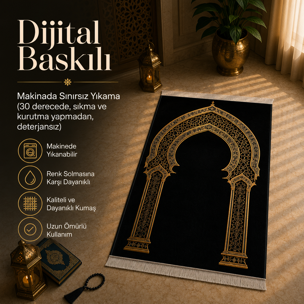 Dantel Mihrab Siyah Seccade | Lüks Kadife Namaz Halısı