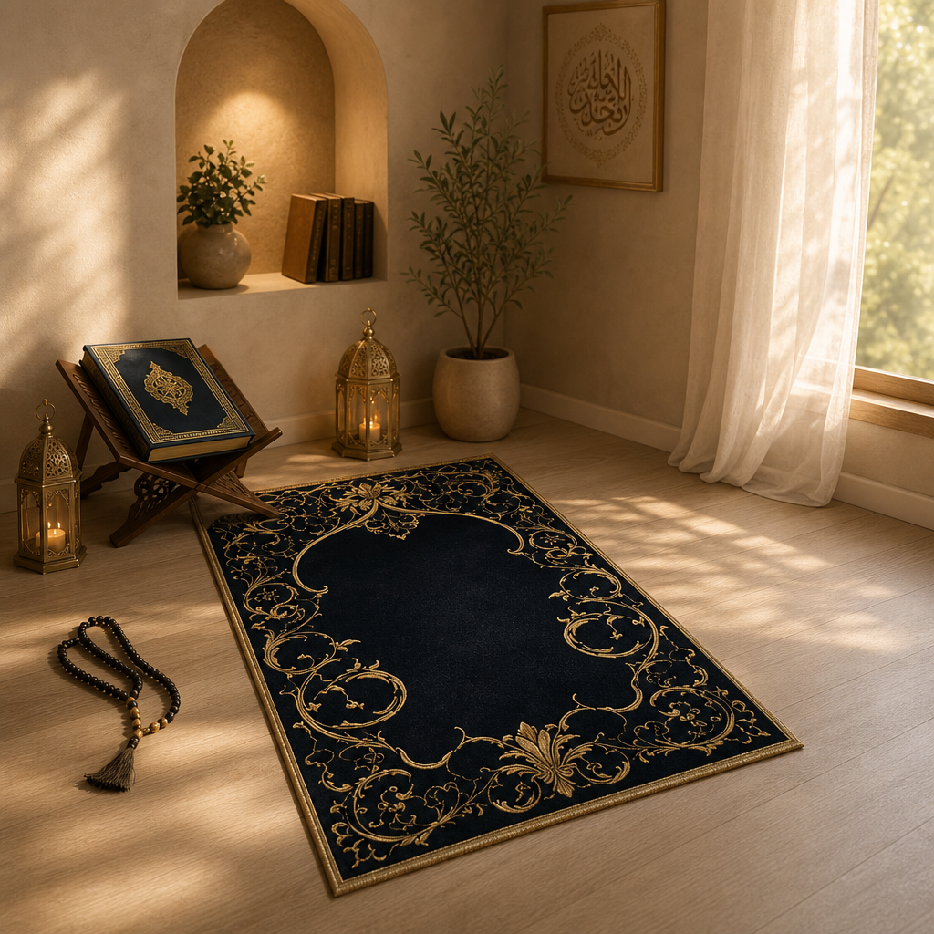 Altın Rumi Lacivert Seccade | Lüks Kadife Namaz Halısı