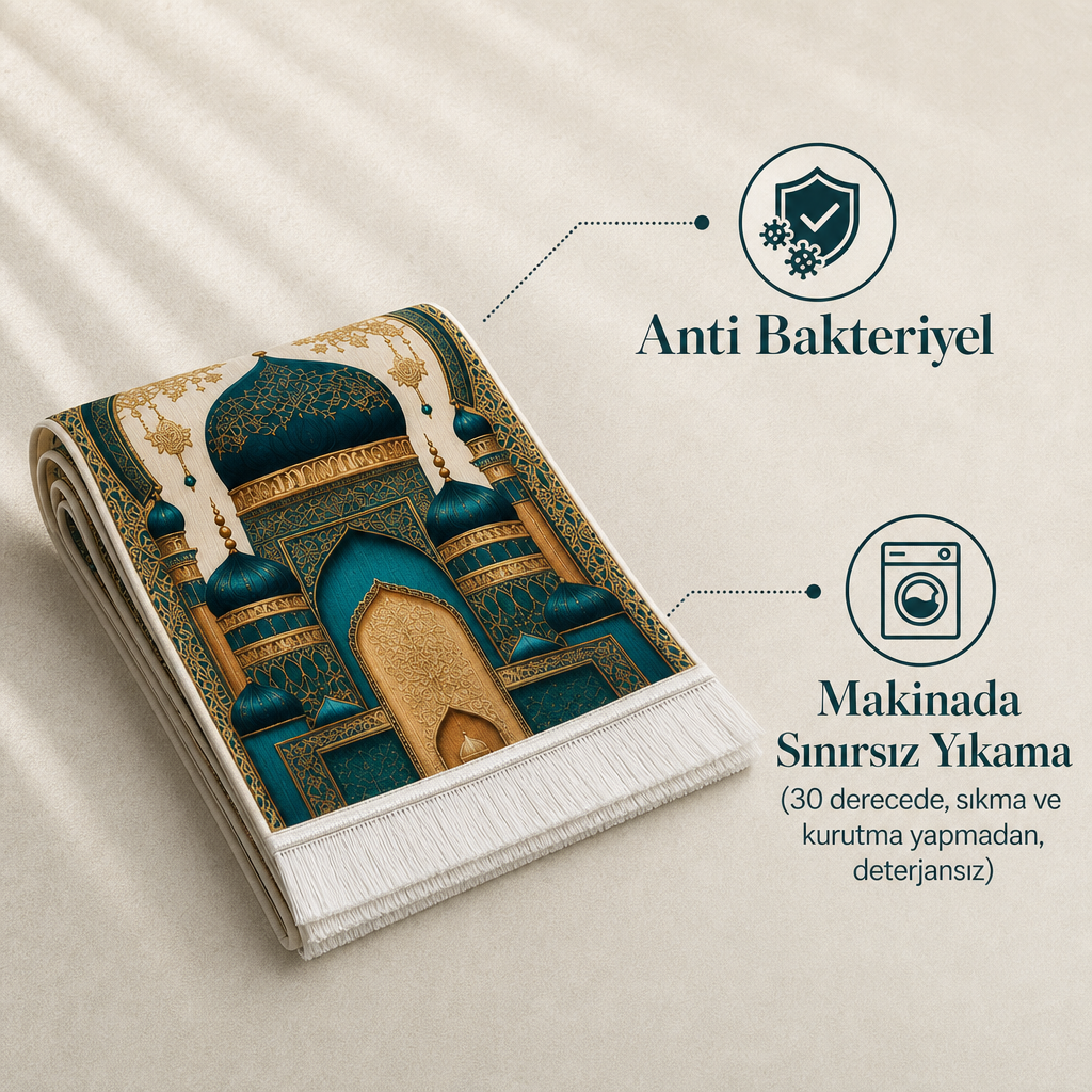 Kubbeli Cami Turkuaz Seccade | Dijital Baskılı Lüks Namaz Halısı