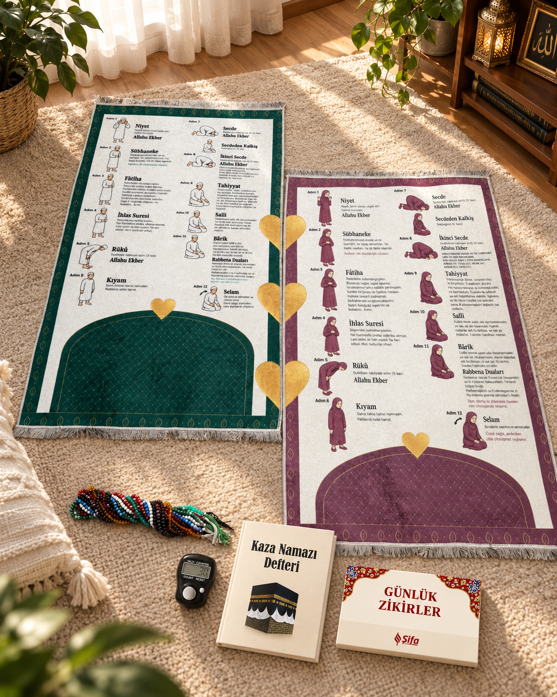 Namaz Kılmayı Öğreten Çift Seccadesi Set (70x120)