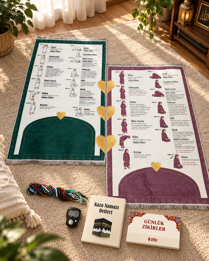 Namaz Kılmayı Öğreten Çift Seccadesi Set (70x120)